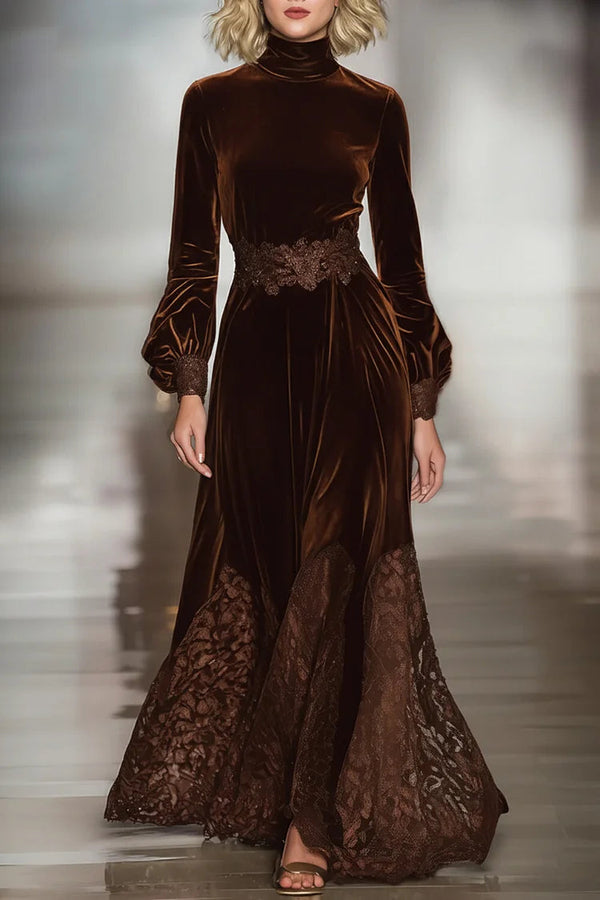 Summer Escape Lace Patchwork Turtleneck Balloon Sleeve Maxi Dresses Piece