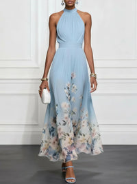 Light Blue Floral Chiffon Halter Maxi Dress