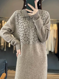 Sophie | Elegant Knit Dress with Floral Crochet-Style Bodice