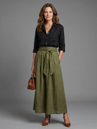 Black Blouse Olive Midi Skirt Set