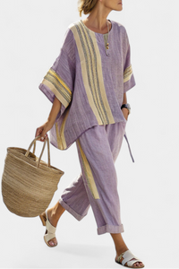 Isla | Elegant Lavender Top & Mustard Striped Pants