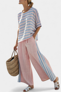 Aria | Elegant Pink-Blue Linen Blouse & Soft Pants