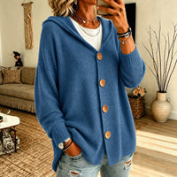 Women's Oversized Hooded Cardigan with Wooden Buttons and Ribbed Cuffs by Drune