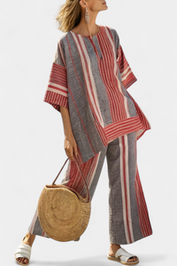 Annalise | Elegant Coral-Gray Linen Top & Wide-Leg Pants