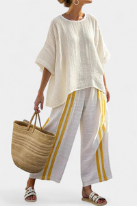 Freya | Elegant Yellow Striped Linen Top & Wide-Leg Pants