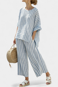 Talia | Sophisticated Blue Striped Linen Top & Relaxed Pants