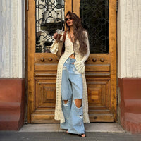 Elara | Women's Long Cardigan with Flared Sleeves & Argyle Detail