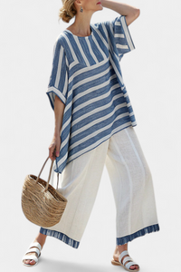 Alexa | Sophisticated Blue Striped Top & Hem-Detailed Pants