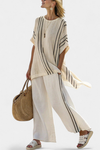 Marina | Elegant Ivory Linen Blouse & Black Striped Pants