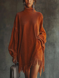 Resort Vibes Orange corduroy loose tassel hem high collar dress Fit