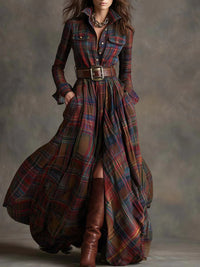Sun Escape Retro lapel reddish brown plaid maxi dress Outfit