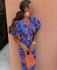 Palm Horizon Loren - Vibrant Midi Dress with Puff Sleeves Vacation Look