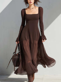 Beach Glam Vintage Square-neck Sheer Sleeves Flare Midi Dress Style
