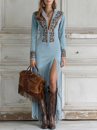 Sun Escape Western Half-Zip Embroidered Faux Suede Fringe Maxi Dress Outfit