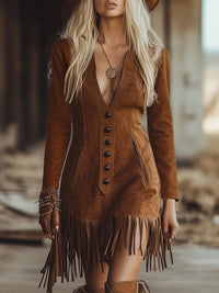 Island Style Western Style Tassel Brown Faux Suede Long Seleve Mini Dress Look