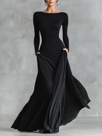 Beach Glam Black modern crepe pleated boat neck long dress Style