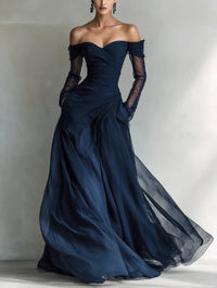 Summer Escape Elegant Navy Organza Off-Shoulder Fitted Maxi Dress Piece