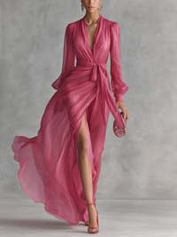 Vacation Ready Elegant Rose Pink Chiffon V-neck Tie-waist Long Dress Dress