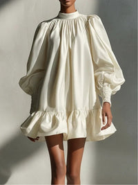 Island Style Beige Satin Puff Sleeve Ruffle Mini Dress Look
