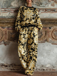 Baroque Floral Long-Sleeve Top & Wide-Leg Pants Set