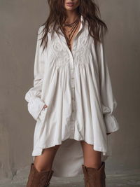 Tropical Look White Lace Irregular Hem Long-sleeved Mini Dress Wear