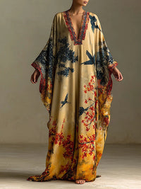 Vacation Ready Red Maple Blossom And Bird Art Print Batwing Sleeve Long Robe Dress Dress