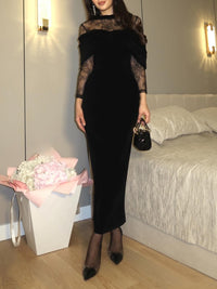 Island Style Black Velvet Lace-trimmed Fitted Maxi Dress Look