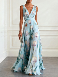 Island Breeze Maxi – Light Blue Floral Chiffon V-Neck