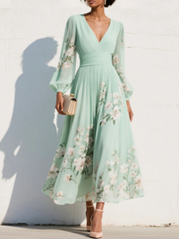 Light Green Floral Chiffon Pleated V-Neck Midi Dress