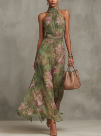 Elegant High-Neck Ruffle Floral MaxiDress