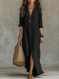 Loose Black Button Maxi Dress