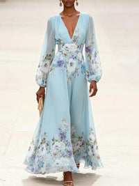 Light Blue V-Neck Printed Chiffon Maxi Dress