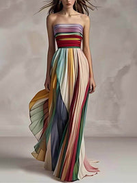 Seaside Glam Elegant Striped Printed Off-shoulder Pleated Bandeau Maxi Dress Ensemble