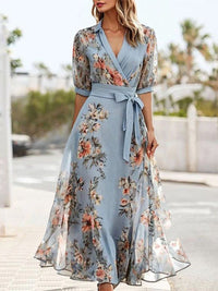 Vacation Ready Floral Print V-Neck Short Sleeve Bow Waist Midi Dress Dress