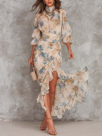 Turtleneck Oil Painting Floral Chiffon Maxi Dress