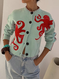 Tropical Look Fun Octopus Pattern Knitted Cardigan Wear