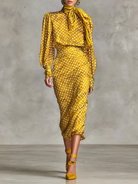 Tropical Look Vintage Satin Polka Dot Print Shirt And Skirt Two-Piece Set Wear