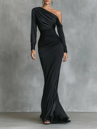 Celina |  Satin One-Shoulder Maxi Dress in Black