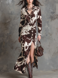 Holiday Mood Vintage Cow Printed Shirt Maxi Dress Edition