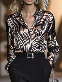 Sun Escape Elegant Satin Collar Zebra Print Shirt Outfit
