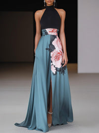 Tropical Look Black Slit Floral Classic Crew Neck Sleeveless A-Line Maxi Dress Wear