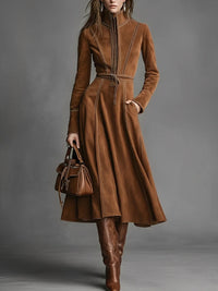 Vacation Ready Brown Faux Suede Front Zipper Belted Elegant Maxi Dress Dress