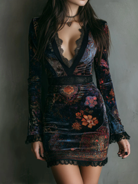 Velvet Lace Trim Floral V-Neck Dress