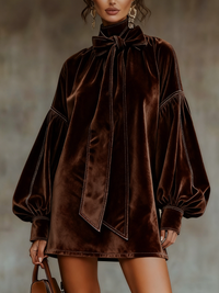 Holiday Mood Dark Brown Velvet Bow Lantern Sleeve Mini Dress Edition