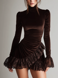 Island Style Brown Velvet Turtleneck Ruffled Lace Hem Mini Dress Look
