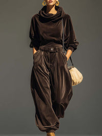 Brown Velvet Hoodie Pants Belted Set