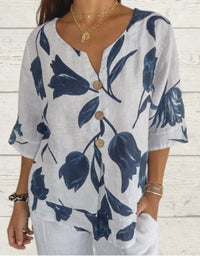 Tropical Look Printed Linen-Cotton V-Neck Pullover Shirt Wear