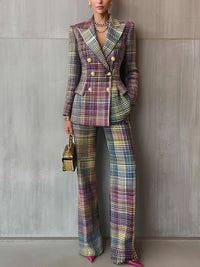 Elowen | Women's Checkered Double-Breasted Blazer &amp; Wide-Leg Trousers Set
