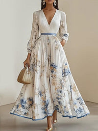 White Floral Chiffon Balloon Sleeve Maxi Dress