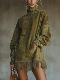 Chelsea | Women's Oversized Turtleneck Knit Dress with Fringed Hem
